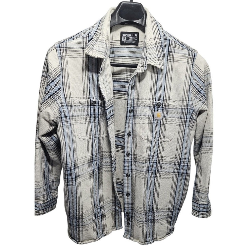 Carhartt Flannel Shirt XL Loose Fit Plaid Button Blue Cream Workwear Shacket